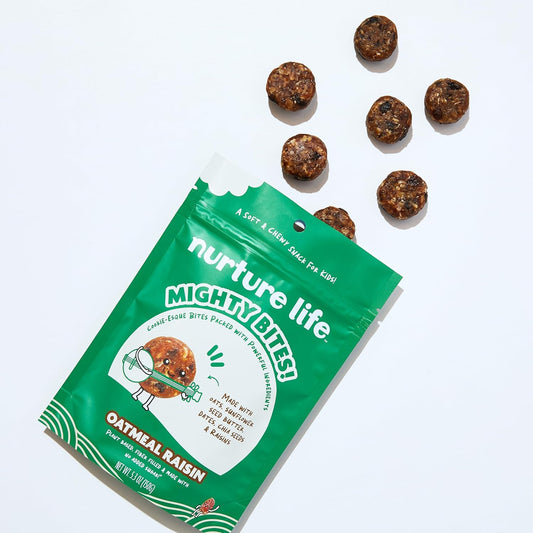 Nurture Life Mighty Bites - Oatmeal Raisin - Healthy Snacks for Kids & Toddlers Made with Oats, Sunflower Seed Butter, Chia Seeds, Dates, and Raisins - Plant-Based, High Fiber, Low Sugar - 15 Pieces (Pack of 1)