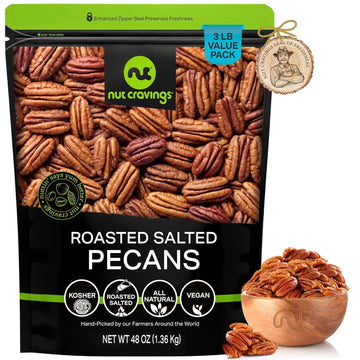 Nut Cravings - Pecans Halves, Roasted & Salted, No Shell (48oz - 3 LB) Bulk Nuts Packed Fresh in Resealable Bag - Healthy Protein Food Snack, All Natural, Keto Friendly, Vegan, Kosher