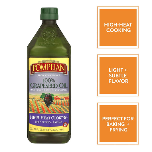 Pompeian 100% Grapeseed Oil, Light And Subtle Flavor, Perfect For High-Heat Cooking, Deep Frying And Baking, 24 Fl. Oz., Pack Of 6