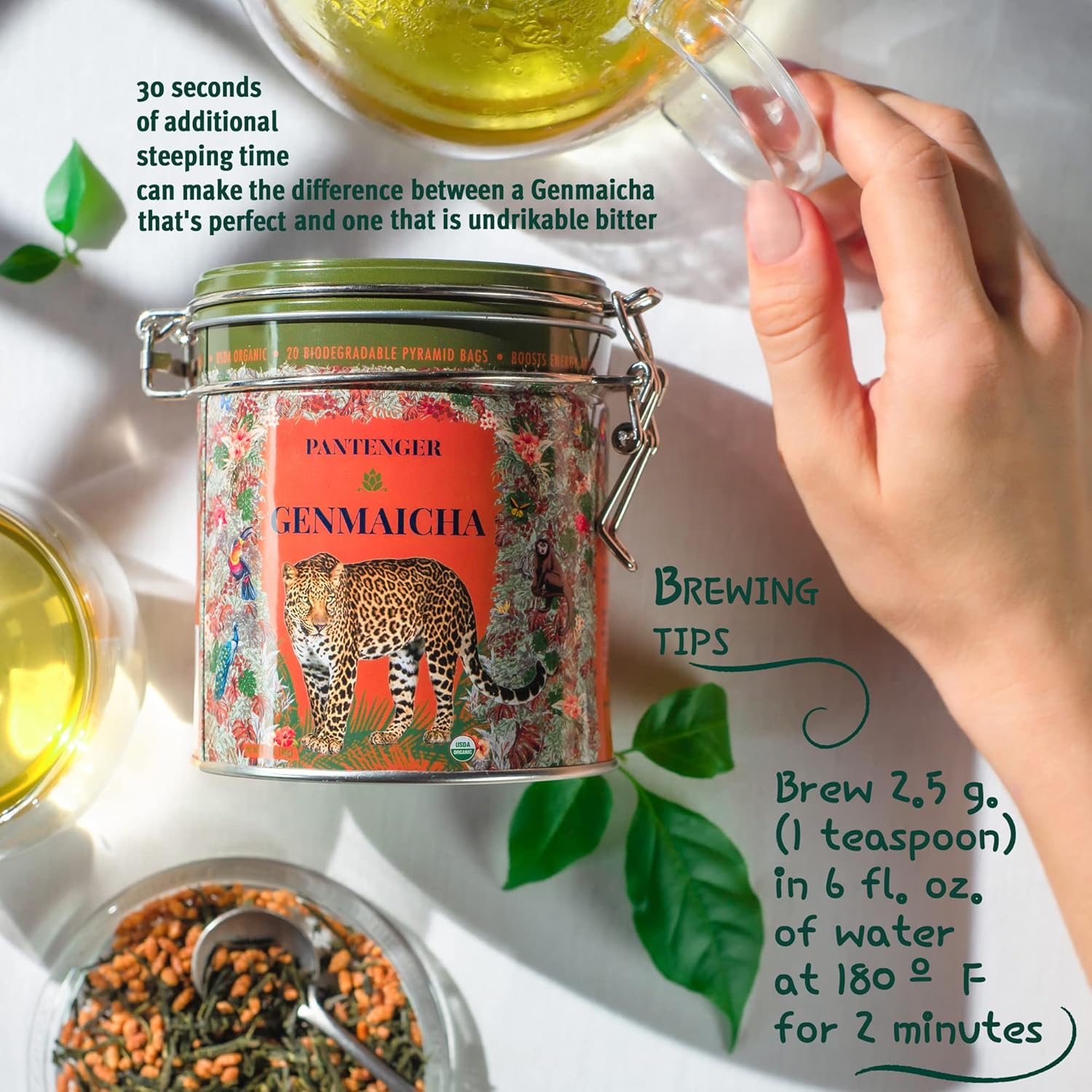 Pantenger Organic Genmaicha | Japanese Green Tea Loose Leaf 3.5 Oz | Sencha Tea Leaves With Roasted Brown Rice | Resealable Tea Tin