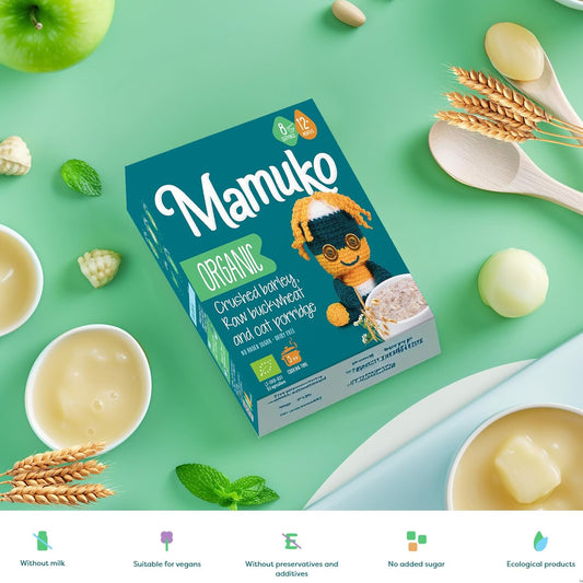 Mamuko Baby Porridge - Organic Porridge With Crushed Barley, Raw Buckwheat & Oat - Vegan Porridge With No Added Sugar Or Preservatives - Porridge Ideal For Babies Aged 9-12 Months - 200G & 8 Serving