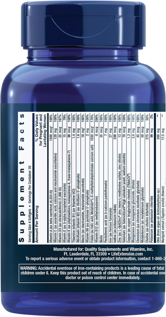 Life Extension Prenatal Advantage Supplement – Comprehensive Prenatal Vitamin For Pregnant Women - Complete Multivitamin For Healthy Brain With Dha - Non-Gmo, Gluten-Free -120 Softgels