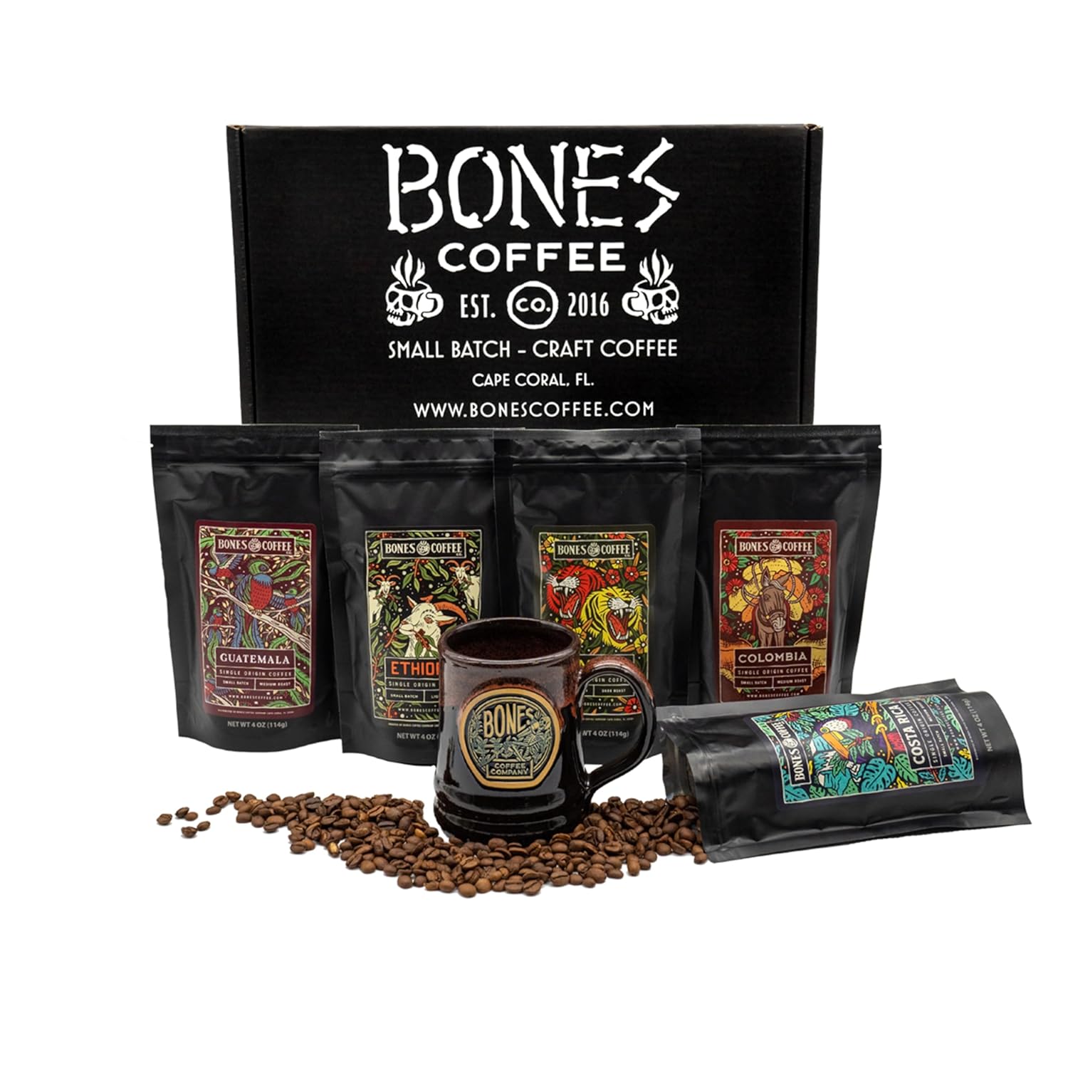 Bones Coffee Company NEW World Tour Bundle Ground Coffee Beans | Gift Box Set With Specialty Coffee Mug | 4 oz Pack of 5 Assorted Single-Origin Medium Roast Coffee Beverages (Ground)