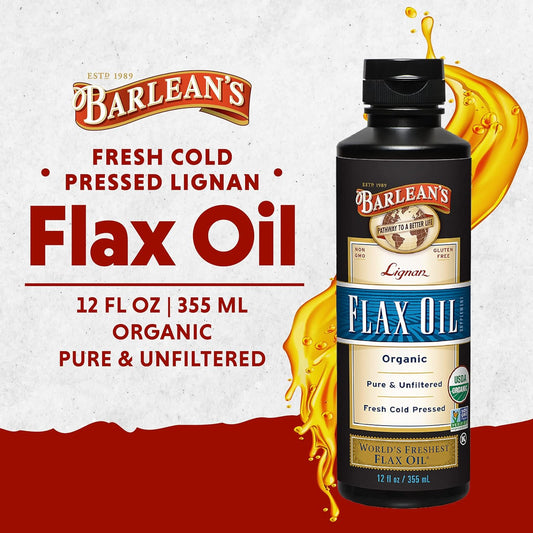 Barlean's Lignan Flaxseed Oil from Cold-Pressed Flaxseeds - 7,230 mg ALA Omega-3 Fatty Acids for Improving Heart Health - Vegan, USDA Organic, Non-GMO, Gluten-Free - 12 oz