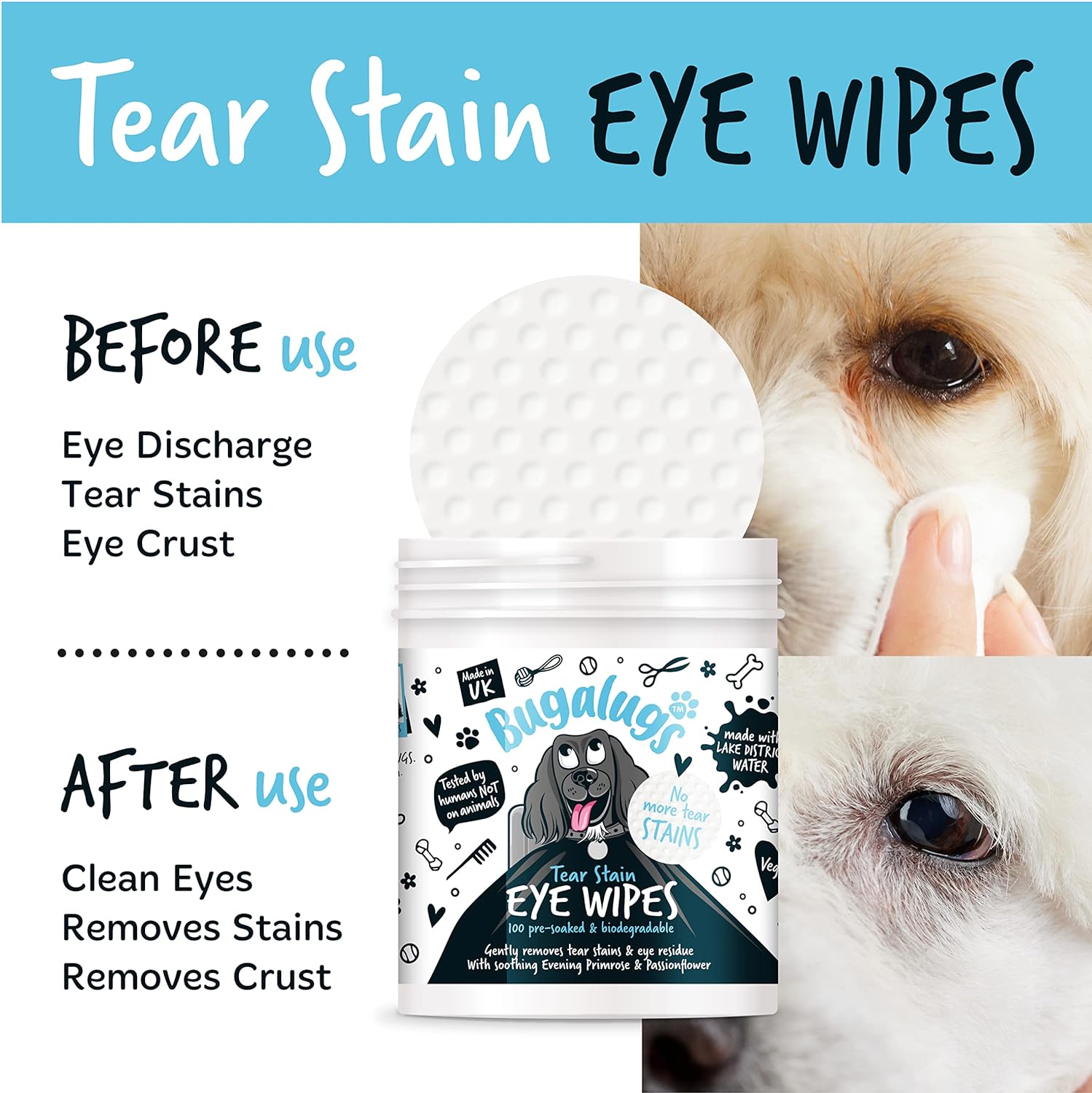 BUGALUGS Dog Eye Wipes 100 Biodegradable Textured pre-Soaked Dog Wipes. Safe & Easy Cleaning for Dogs - Pet Eye Wipes Remove Tear Stains, Dog Eye Crust & Eye Discharge : Pet Supplies