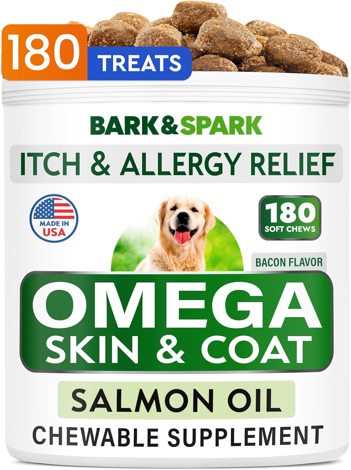 Omega 3 for Dogs and Cats - 180 Fish Oil Treats for Dog Shedding, Skin Allergy, Itch Relief, Hot Spots Treatment - Joint Health - Skin and Coat Supplement - EPA & DHA Fatty Acids - Salmon Oil - Bacon