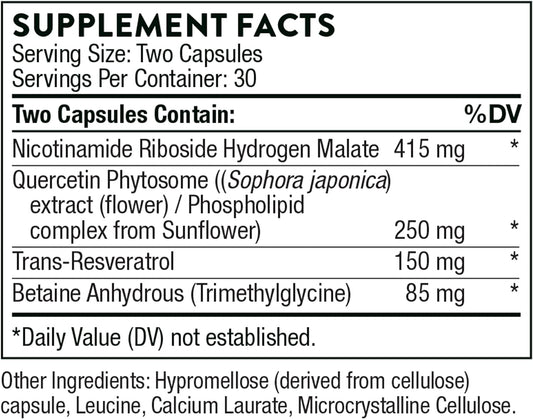 Thorne Resveracel - Nicotinamide Riboside With Quercetin Phytosome And Resveratrol - Support Healthy Aging, Methylation, Cellular Energy Production And Metabolism - 60 Capsules - 30 Servings