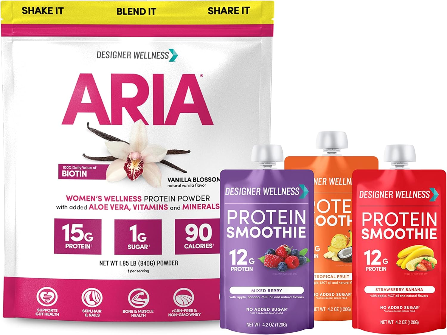 Designer Wellness Aria Women's Wellness Protein Powder Bundled with 3 different Protein smoothies