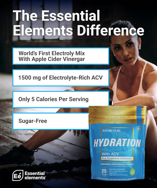 Essential Elements Hydration Packets - Blue Raspberry Pack - Sugar Free Electrolytes Powder Packets - 25 Stick Packs Of Electrolytes Powder No Sugar - Hydration Drink - With Acv & Vitamin C