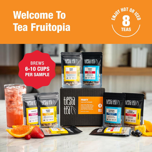 Tiesta Tea - Fruity Tea Sampler | 8 Exotic Loose Leaf Tea Blends - Caffeine Free Loose Leaf Tea Sampler | Assorted Fruit & Herbal Teas, Peach, Mango, Cherry - 8 Resealable Sample Pouches