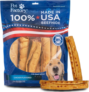 Pet Factory 100% Made In Usa Beefhide 8" Rolls Dog Chew Treats - Chicken Flavor, 15 Count/1 Pack