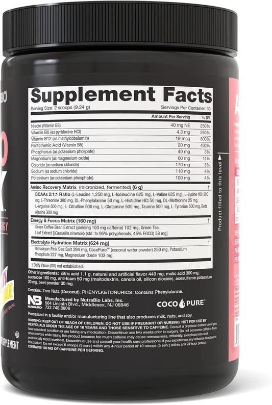 NutraBio Amino Kick - Amino Acid Energy Formula - BCAA's, Electrolytes for Hydration, Natural Caffeine 30 Servings (Raspberry Lemonade)