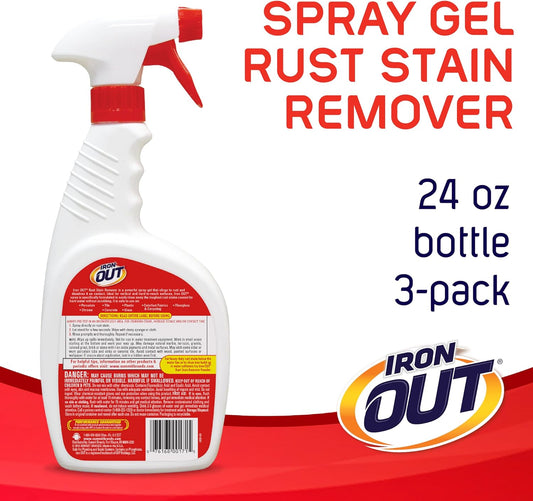 IRON OUT Rust Stain Remover Spray Gel, Remove Rust Stains in Bathrooms, Kitchens, Laundry, and Outdoors, 24 Ounces, 3-Pack