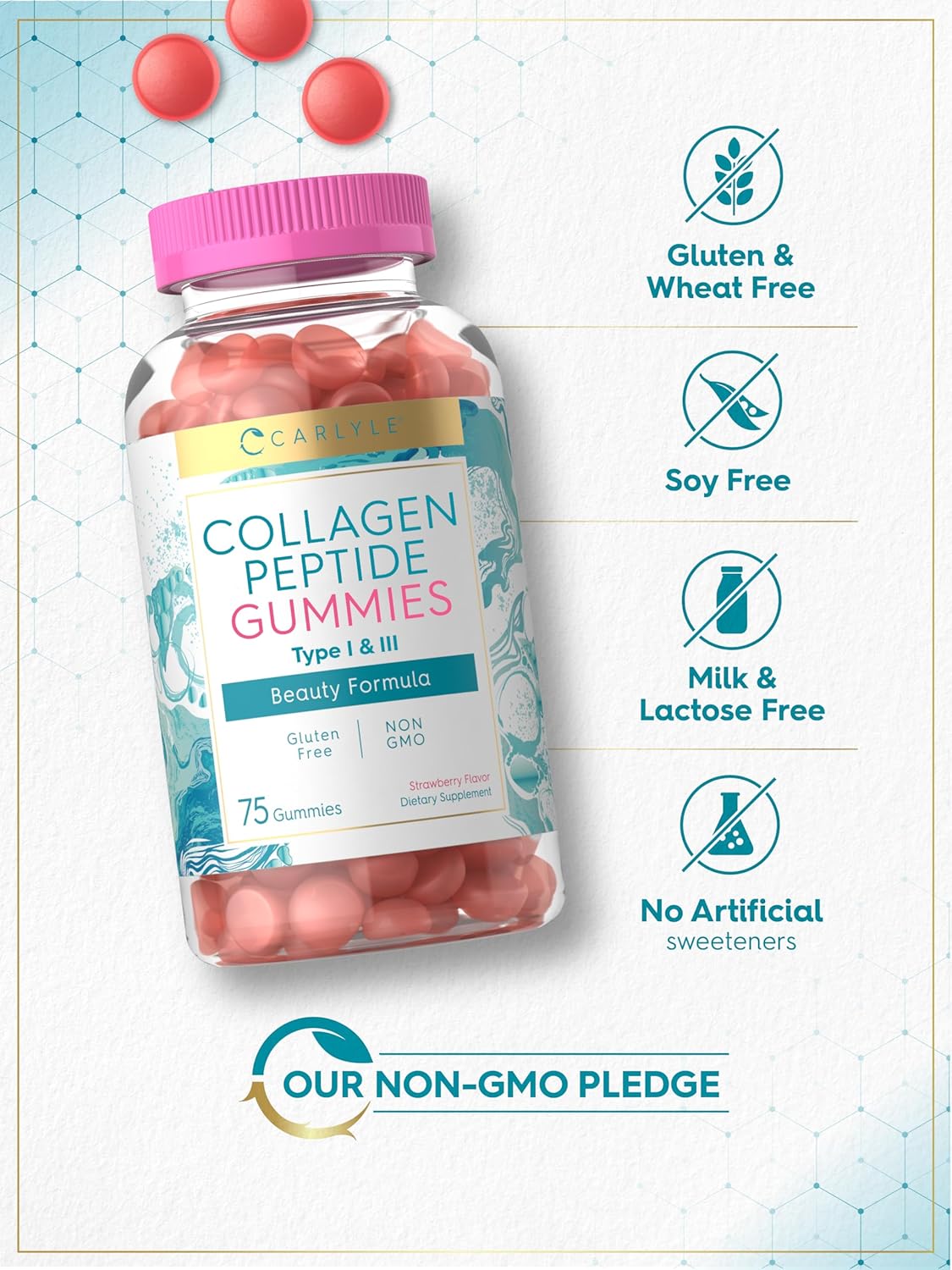 Carlyle Collagen Peptide Gummies | Strawberry Flavor Beauty Supplement | Hydrolyzed Collagen for Women & Men | Type 1 & 3 | Non-GMO, Gluten Free : Health & Household