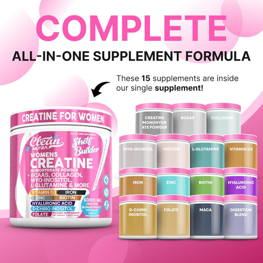 Creatine For Women | Creatine Monohydrate + Bcaa Powder Myo-Inositol Collagen Biotin Hyaluronic Acid Folate L Glutamine Vitamin D3 Iron Zinc D-Chiro-Maca Digestion Shelf Builder By Clean Nutra