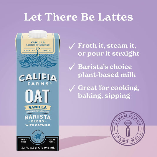 Califia Farms – Vanilla Oat Barista Blend Oat Milk, 32 Oz (Pack Of 6), Shelf Stable, Dairy Free, Plant Based, Vegan, Gluten Free, Non Gmo, Milk Frother, Creamer, Blue