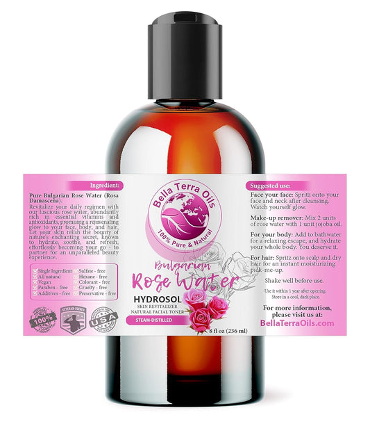 Bella Terra Oils - Rosewater Spray 8oz - Crafted from The Heart of Roses, Subtle Face and Hair Refreshment, Pure Bulgarian Rose Essence