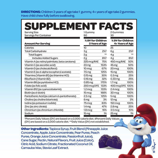 Smurfs Kids Multivitamin Gummies | Multivitamin Gummies For Kids With 15 Vitamins & Minerals | Made With Real Fruit | Doctor Developed | Non-Gmo And No Artificial Flavors Or Colors | 60 Gummies