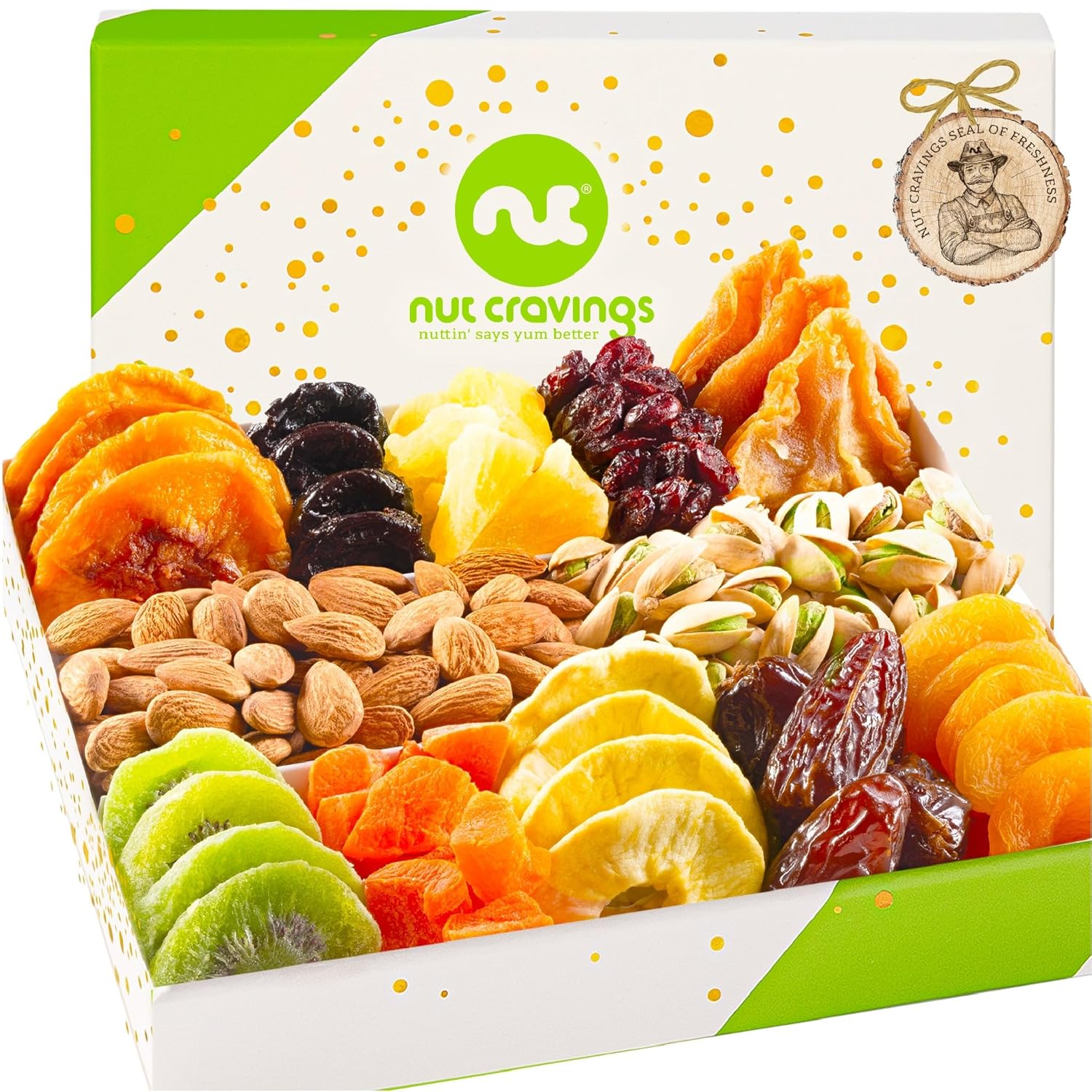 Nut Cravings Gourmet Collection - Rosh Hashana & Shana Tova Dried Fruit & Mixed Nuts Gift Basket In White Gold Box (12 Assortments) Arrangement Platter, Bday Care Package - Healthy Kosher