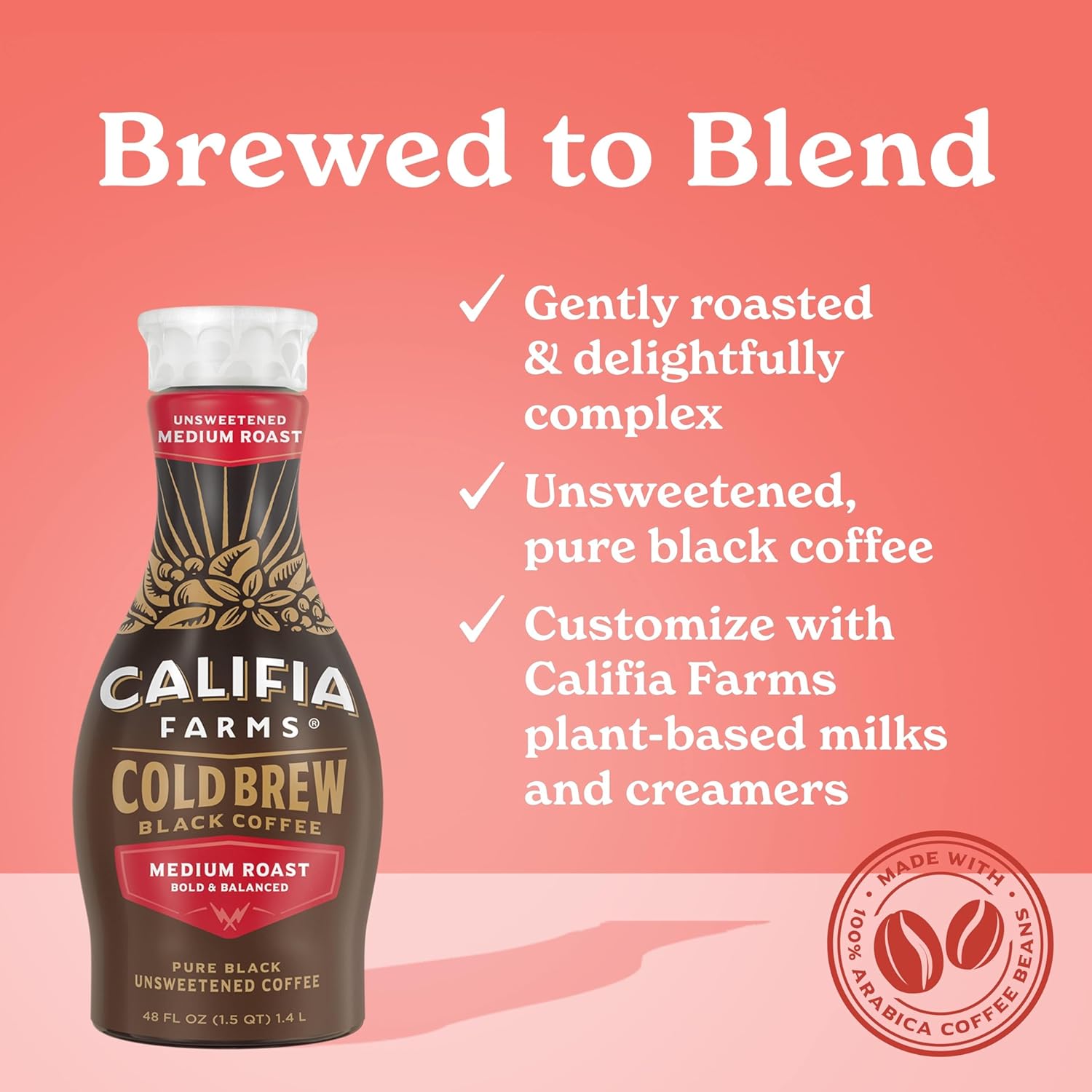 Califia Farms - Pure Black Medium Roast Cold Brew Coffee, 48 Oz, 100% Arabica, Plant Based, Vegan, Gluten Free, Non Gmo, Sugar Free, Iced Coffee