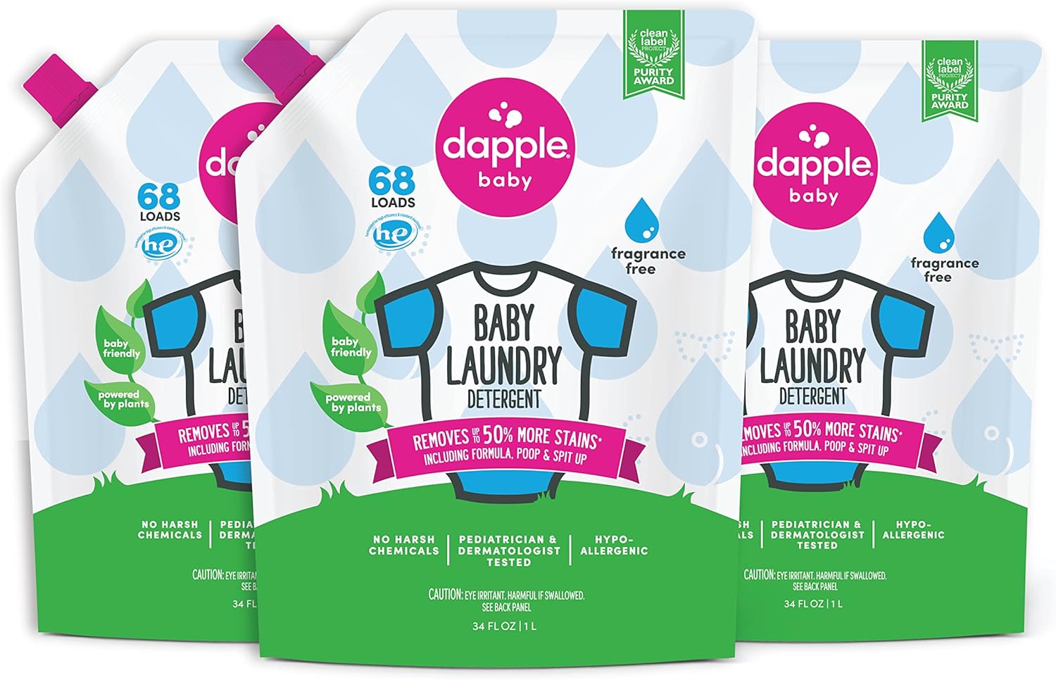 Baby Laundry Detergent By Dapple, Concentrated, Plant Based & Hypoallergenic, Stain Removing Natural Ingredients, Fragrance Free, 34 Fl Oz (Pack Of 3)