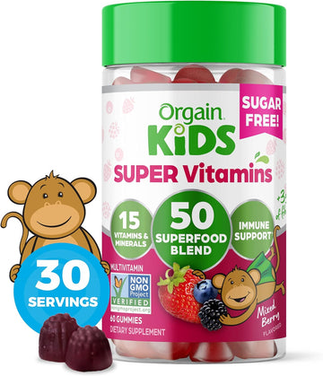 Orgain Kids Sugar Free Multivitamin Gummies, Vegan, 50 Superfoods, 15 Vitamins And Minerals, Immune Support And 3G Of Fiber, Mixed Berry, Ages 4+, 1 Month Supply (60 Gummies)