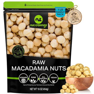 Nut Cravings - Raw Macadamia Nuts, Unsalted, Shelled, Whole, (16Oz - 1 Lb) Bulk Nuts Packed Fresh In Resealable Bag - Kosher Healthy Snack, Natural Keto Vegan -