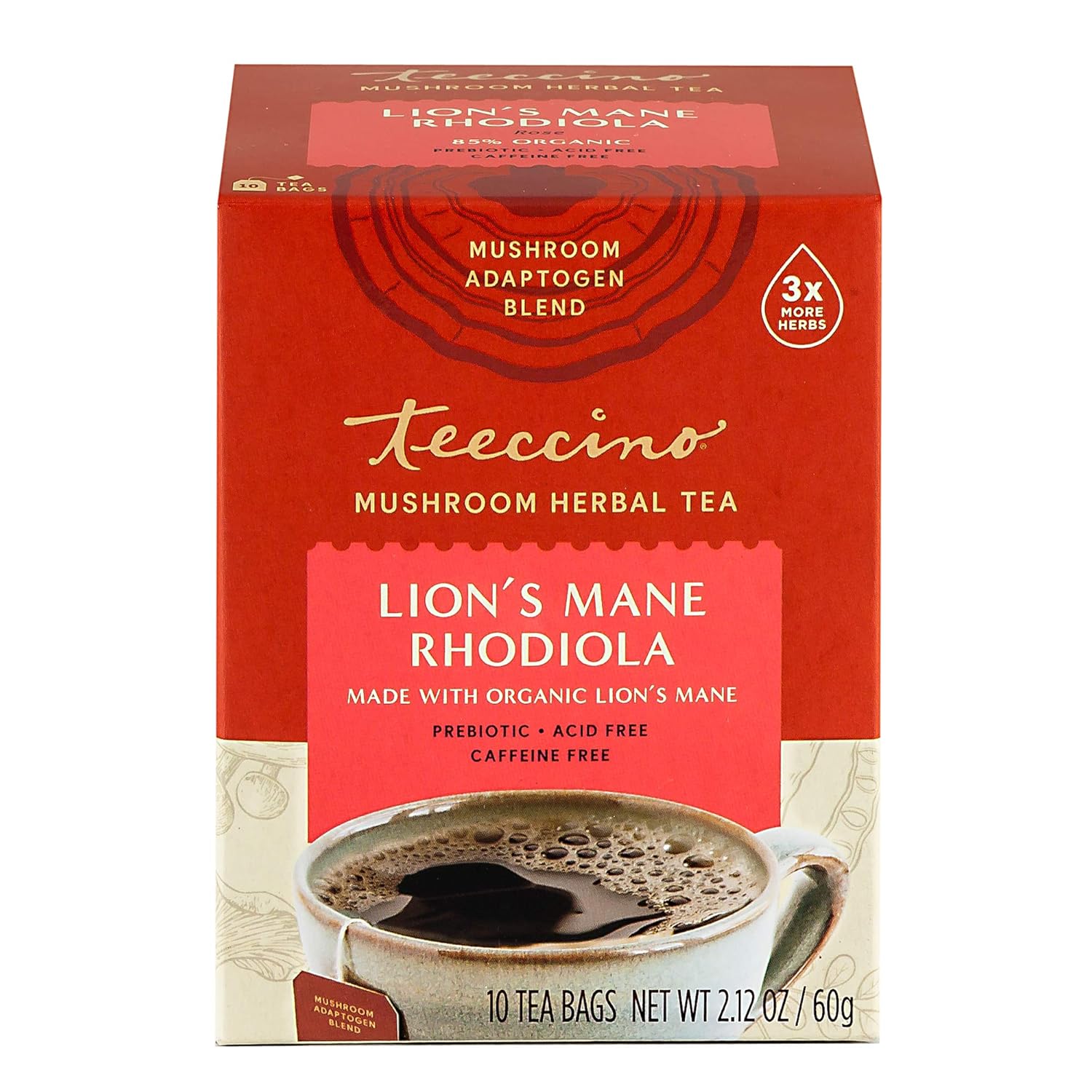 Teeccino Caffeine-Free Mushroom Adaptogenic Herbal Tea - Lion’S Mane Rhodiola Tea - Rose, 3X More Herbs Than Regular Teas, Lightly Sweet From Dates & Figs, Chicory Prebiotic - 10 Tea Bags