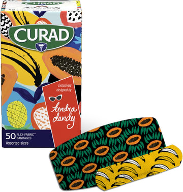 Curad Kendra Dandy Designer Adhesive Fabric Bandages (50 Count Variety Pack), 4 Colorful Patterns, 35 Count Standard Bandages & 15 Count Xl Bandages