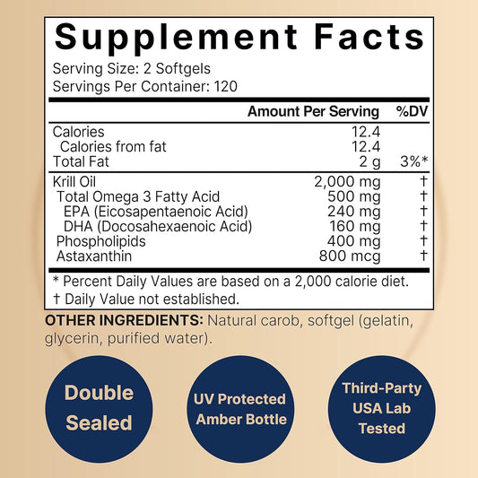 Antarctic Krill Oil 2000mg Supplement, 240 Softgels, 3X Strength Natural Source of Omega-3s, EPA 240mg + DHA 160mg + Astaxanthin 800mcg ? No Fishy Aftertaste ? Mercury Free & Non-GMO
