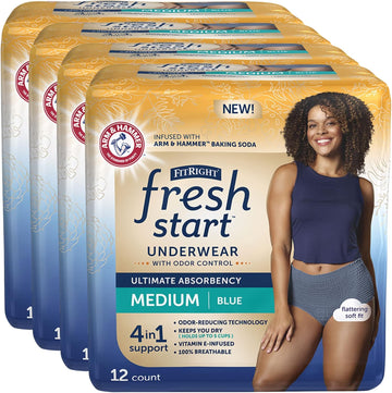 Fitright Fresh Start Urinary And Postpartum Incontinence Underwear For Women, Medium, Blue, Ultimate Absorbency, With The Odor-Control Power Of Arm & Hammer Baking Soda (48 Count, 4 Packs Of 12)