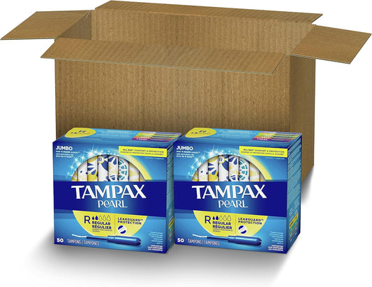 Tampax Pearl Tampons Regular Absorbency, With Leakguard Braid, Unscented, 50 Count X 2 Packs (100 Count Total)