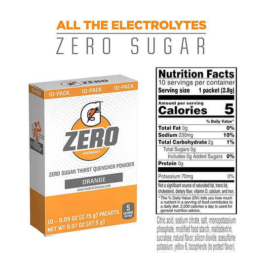 Gatorade G Zero Powder, Orange, 0.10oz Packets,(120 counts) , Pack of 12