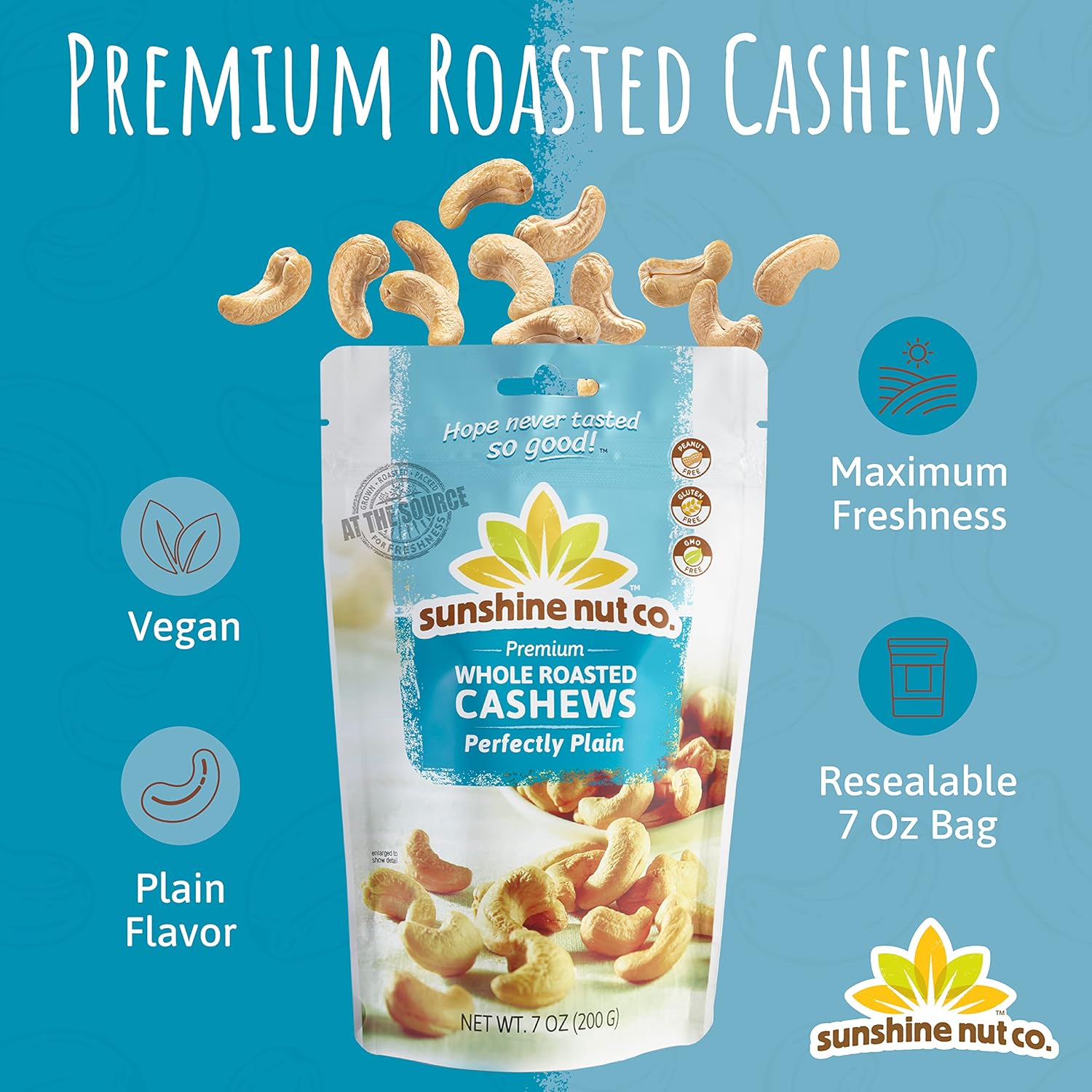 Sunshine Nut Company Whole Roasted Cashews, Perfectly Plain Flavor, No Added Salt, 2 Pack, 7 Oz. Each, Gluten Free, Peanut Free And Vegan Individual Snack Packs For Kids And Adults, Gmo Free