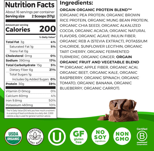 Orgain Organic 30G Vegan Protein Powder, Chocolate 9G Eaas + Bcaas, Plant Protein, 6G Prebiotic + Fiber, 1G Sugar, Pre-Workout, Muscle Support + Recovery - 2.01Lb (Packaging May Vary)