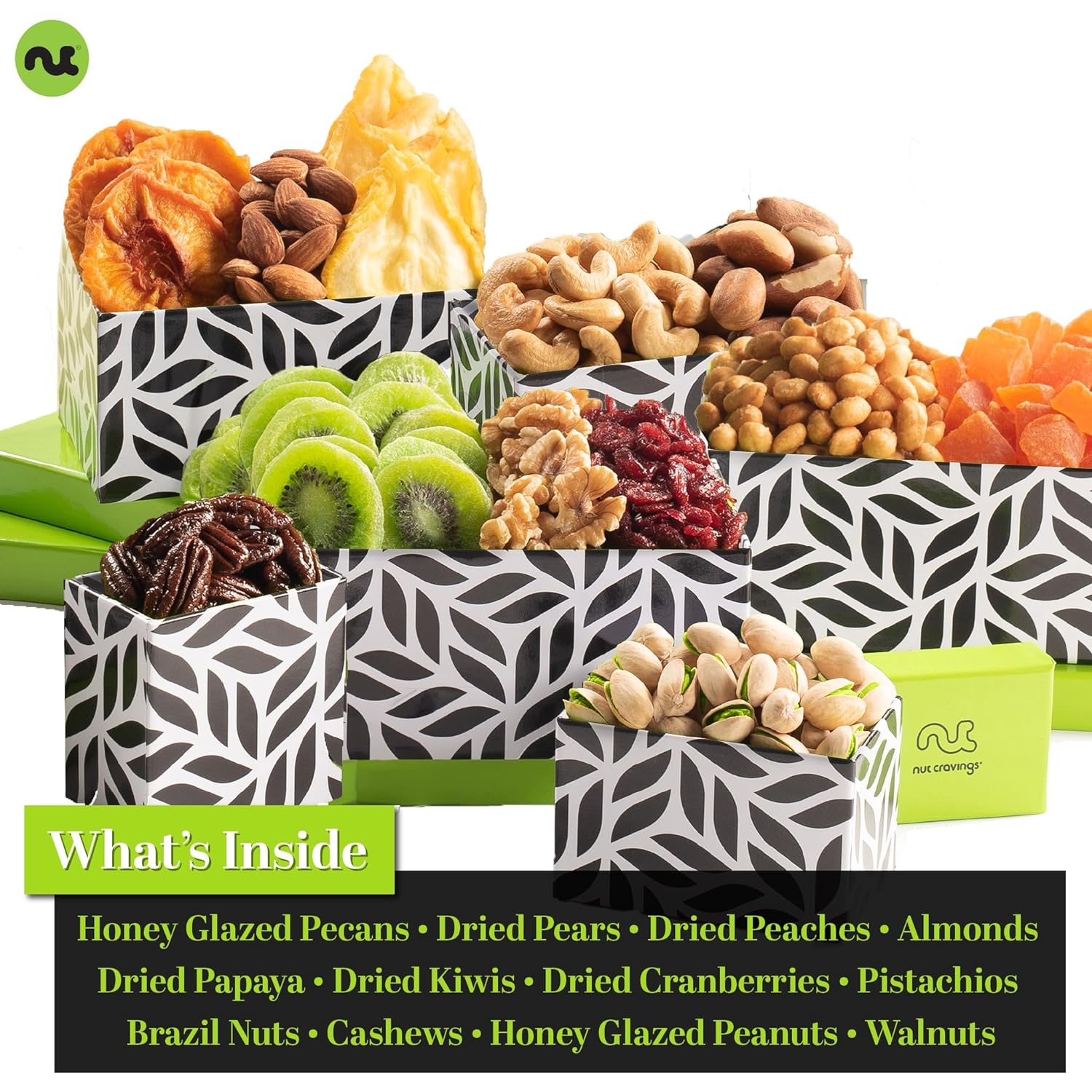Nut Cravings Gourmet Collection - Mothers Day Dried Fruit & Mixed Nuts Gift Basket Leaf Tower + Ribbon (12 Assortments) Arrangement Platter, Birthday Care Package - Healthy Kosher : Grocery & Gourmet Food