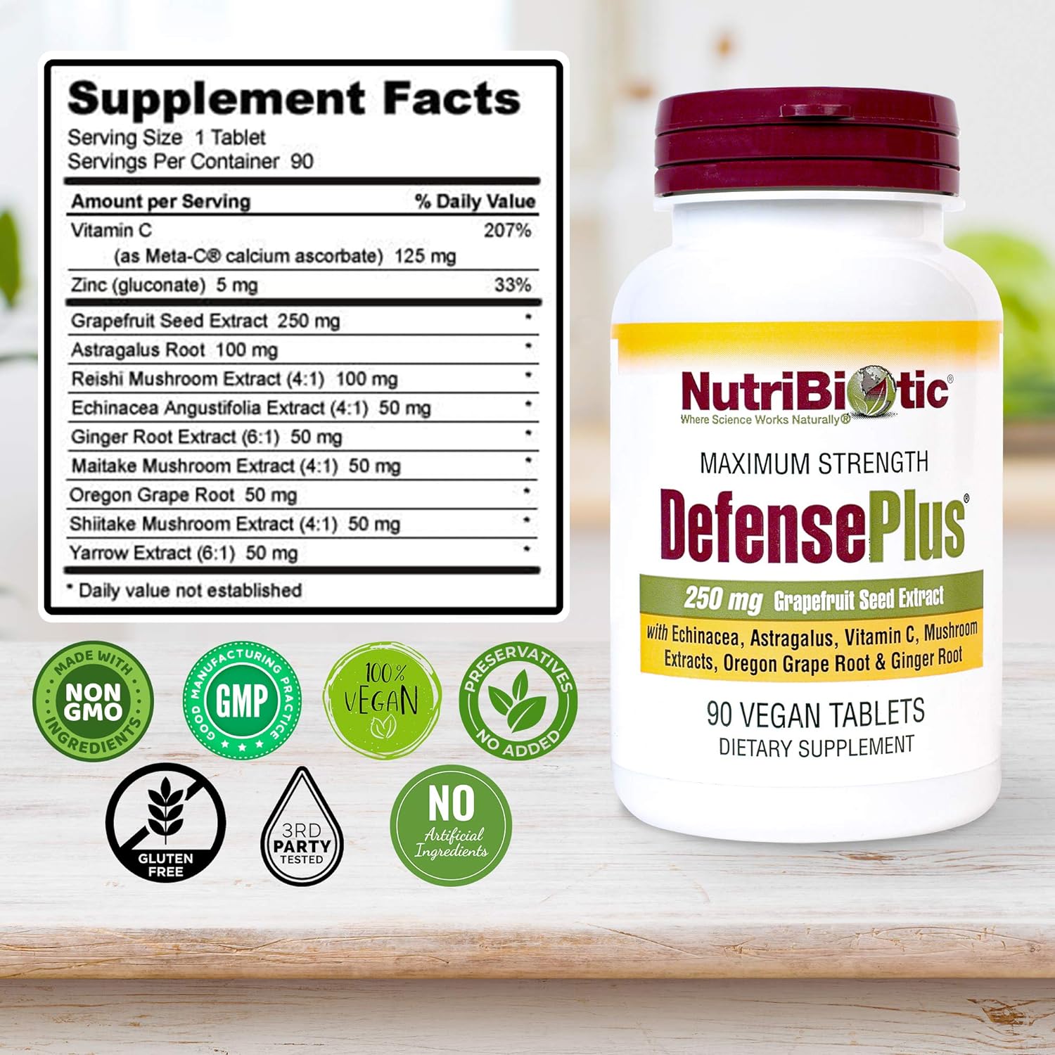 NutriBiotic – DefensePlus, 90 Tablets - 11 in 1 Immune Support with Vitamin C, Zinc, Grapefruit Seed Extract, Echinacea, Astragalus Root & Immune Boosting Extracts & Mushrooms - Vegan & Gluten Free : Health & Household