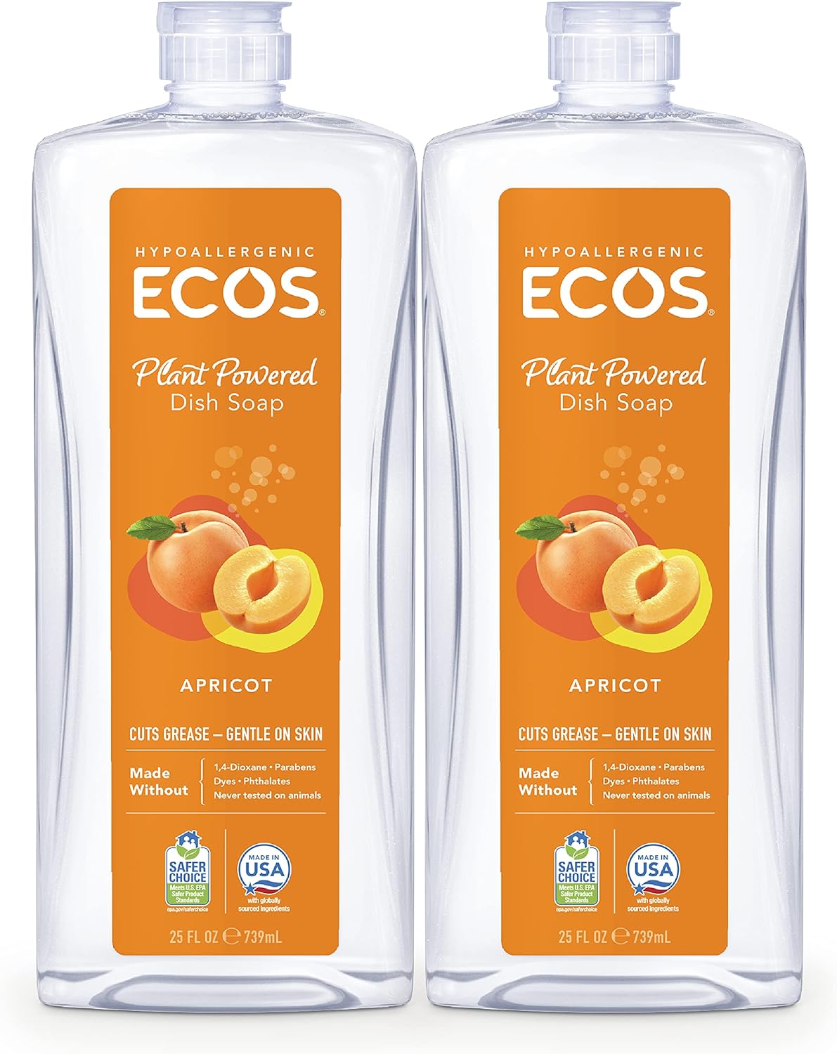 ECOS® Hypoallergenic Dish Soap, Natural Apricot, 25 Fl Oz (Pack of 2)