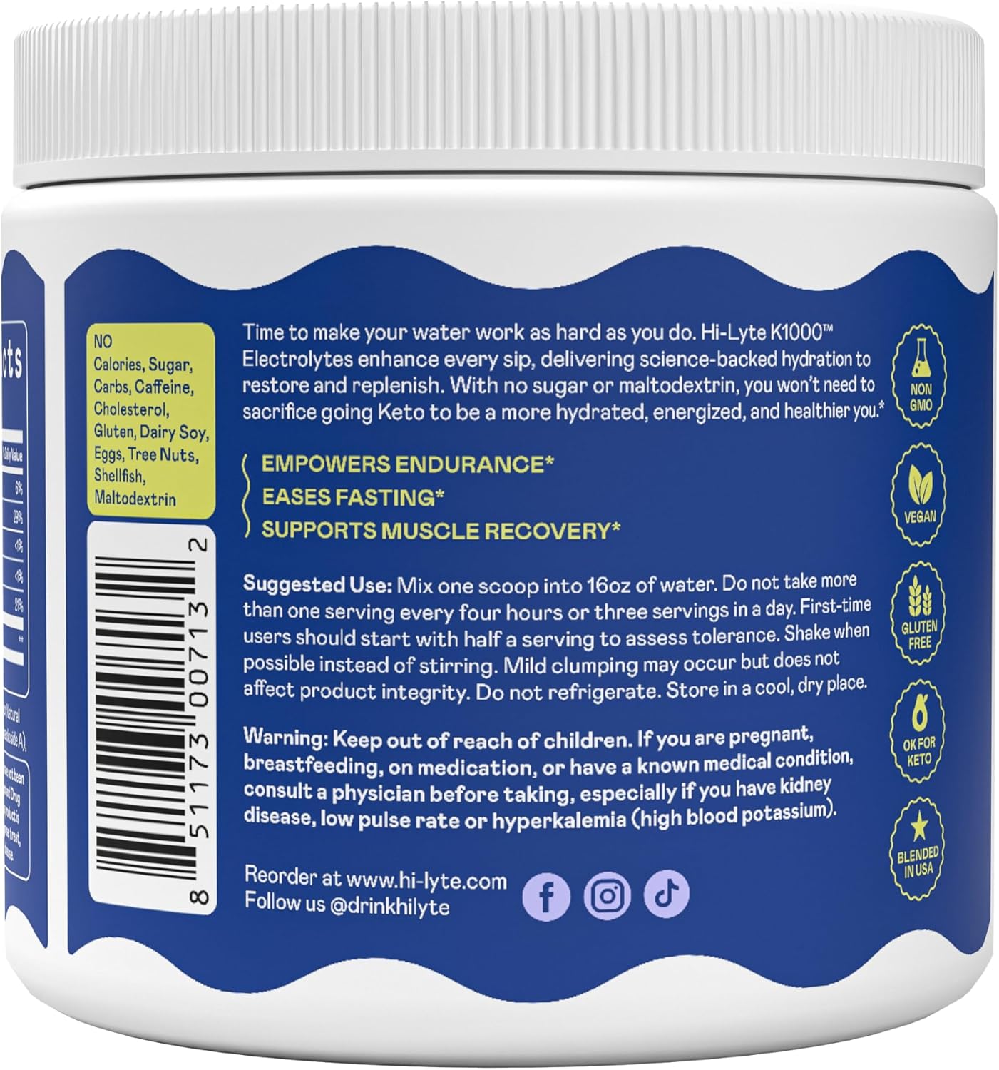 Hi-Lyte Keto & Performance - K1000 Electrolyte Powder Mix - Blue Raspberry - 1000Mg Potassium + Magnesium, Calcium, Trace Minerals - Keto Drink For Cramp Support, Fasting, Recovery - No Sugar/Carbs : Health & Household
