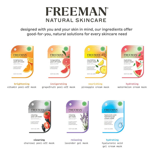 Freeman Naturals Facial Mask 12 Piece Variety Bundle, Peel-Off, Gel & Cream Face Masks, Hydrating, Brightening, & Nourishing Skincare, Natural Ingredients, Travel Size, 0.33 Fl. Oz./10 Ml Sachets