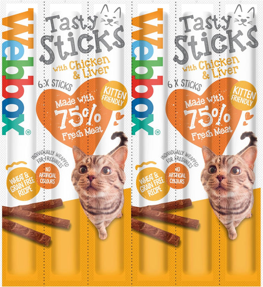 Webbox Tasty Sticks Cat Treats, Chicken and Liver - Kitten Friendly, Wheat and Grain Free, No Artificial Colours (25 x 6 Packs)?5012144410107