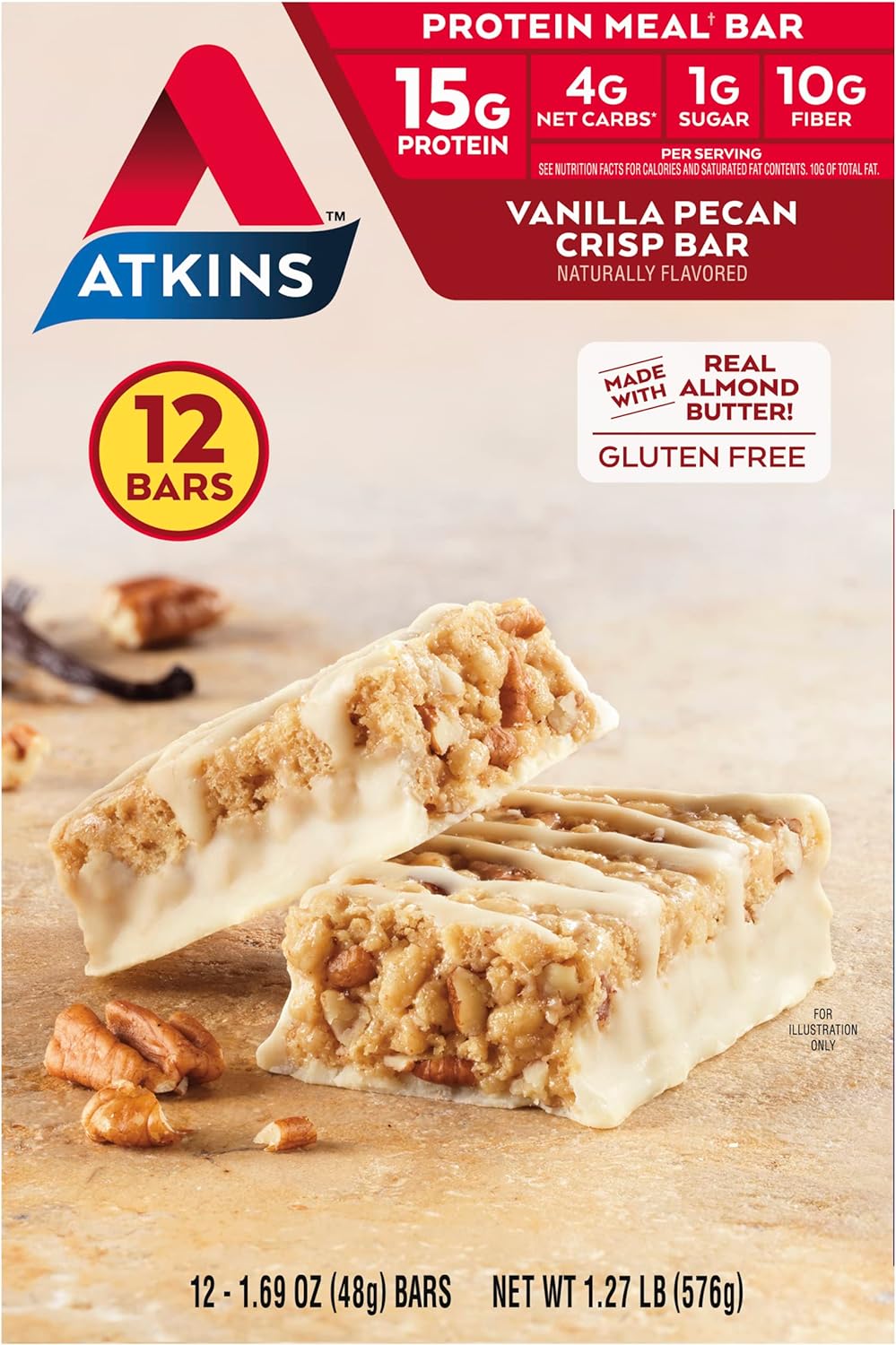 Atkins Vanilla Pecan Crisp Protein Meal Bar, High Fiber, 1G Sugar, 4G Net Carb Meal Replacement, Keto Friendly, 12 Count