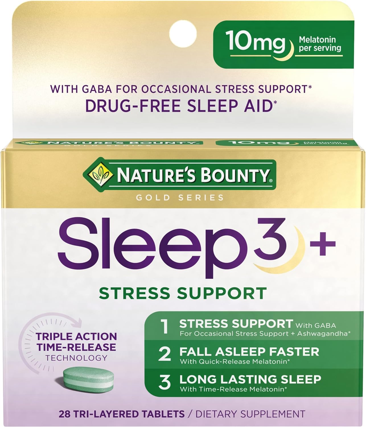 Nature'S Bounty Stress Support Melatonin, Sleep3 Maximum Strength 100% Drug Free Sleep Aid, Dietary Supplement With Ashwagandha, Time Release Technology, 10Mg, 28 Tri-Layered Tablets