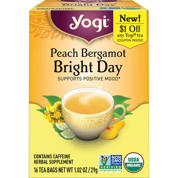 Yogi Peach Bergamot Bright Day Organic Tea, Contains Caffeine, Vegan Friendly, Kosher, Usda Certified Organic, Non-Gmo, 16 Tea Bags (Pack Of 6)