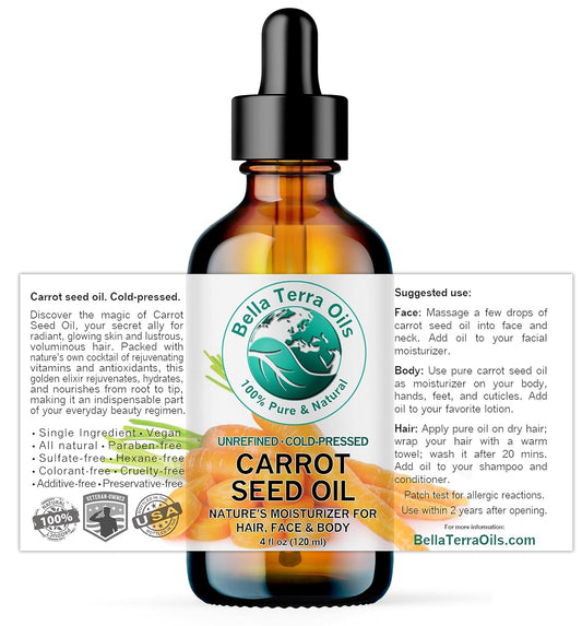 Bella Terra Oils - Organic Carrot Seed Oil 4 oz - Dive into Carotene's Natural Power, High in Essential Fatty Acids, Experience Luxurious Skin Nourishment