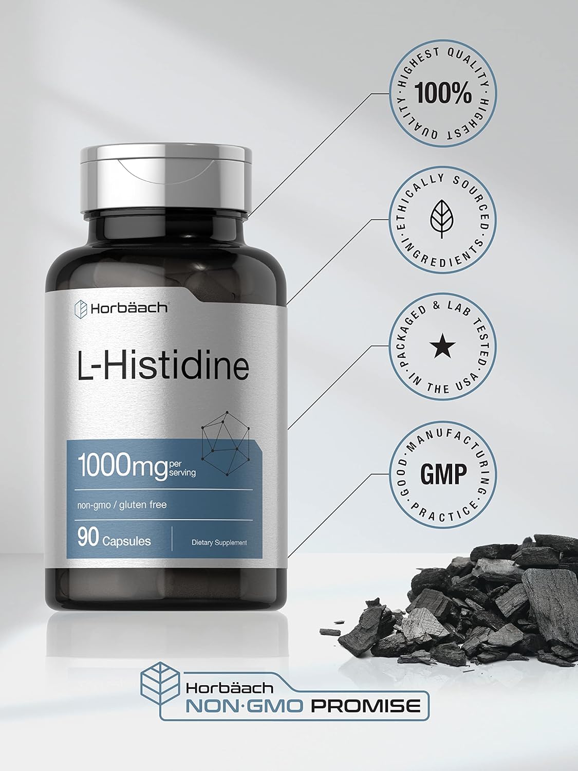 Horbäach L-Histidine 1000mg 90 Capsules | Non-GMO and Gluten Free | Pharmaceutical Grade : Health & Household