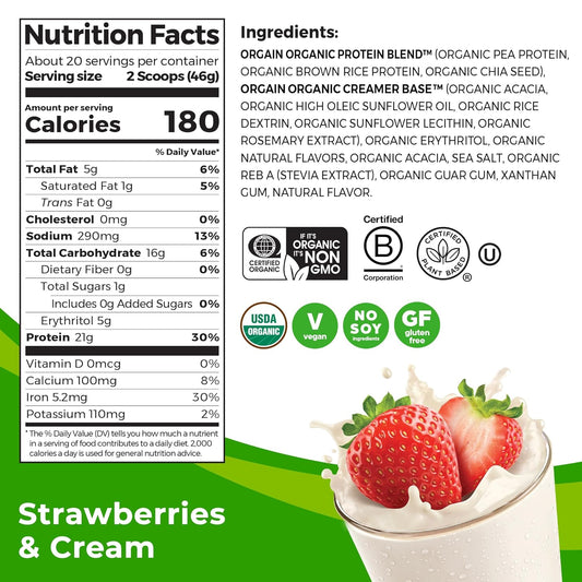 Orgain Organic Vegan Protein Powder, Strawberries & Cream - 21G Plant Based Protein, 4G Prebiotic Fiber, Low Net Carb, No Lactose Ingredients, No Added Sugar, Non-Gmo, For Shakes & Smoothies, 2.03 Lb