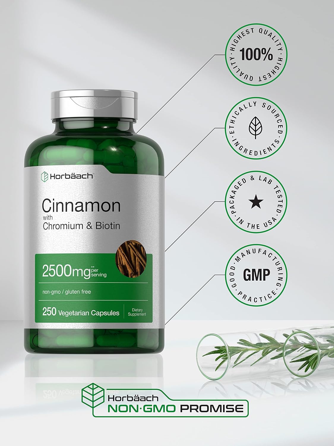 Cinnamon with Chromium Picolinate 2500mg | 250 Capsules | Plus Biotin | Vegetarian, Non-GMO, Gluten Free | by Horbaach : Health & Household