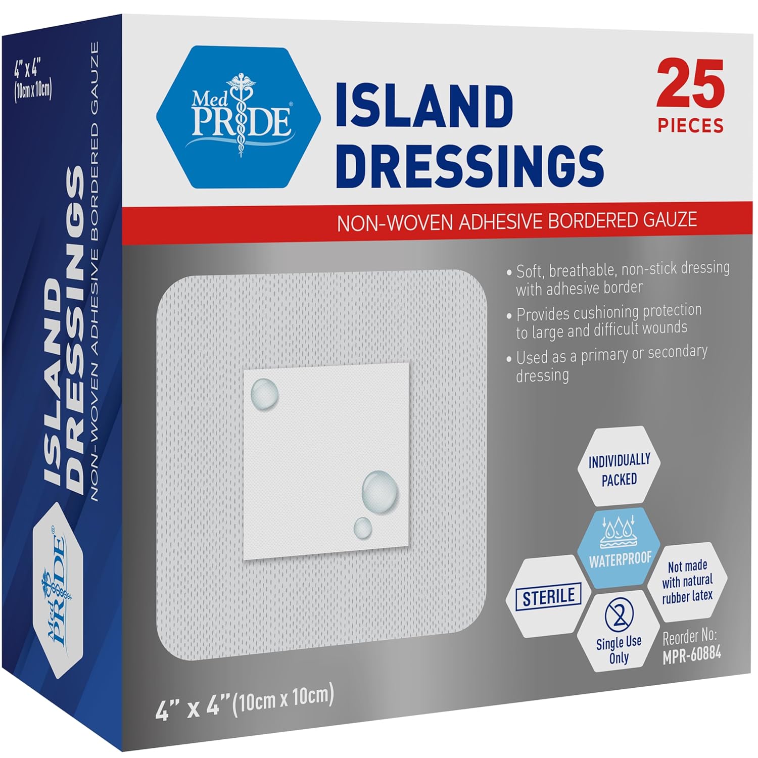 Med Pride Bordered Gauze-Island Dressing 4'' X 4''| 25 Individually Packed Pouches, Wound Dressing With Adhesive, Breathable Borders, Sterile & Highly Absorbent, Latex & Rubber-Free