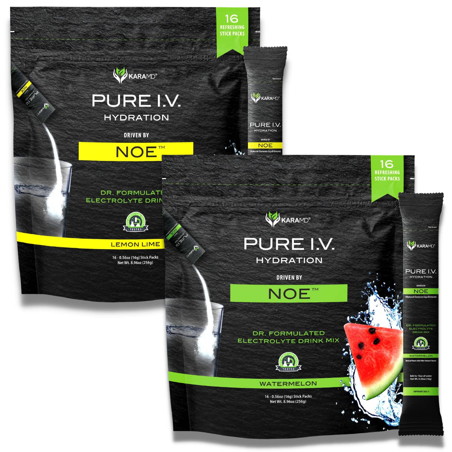 KaraMD Pure I.V. - Doctor Formulated Electrolyte Powder Drink Mix 2 Flavor Bundle ? Refreshing & Delicious Hydrating Packets with Vitamins & Minerals ? 1 Lemon Lime & 1 Watermelon Bag (32 Sticks)